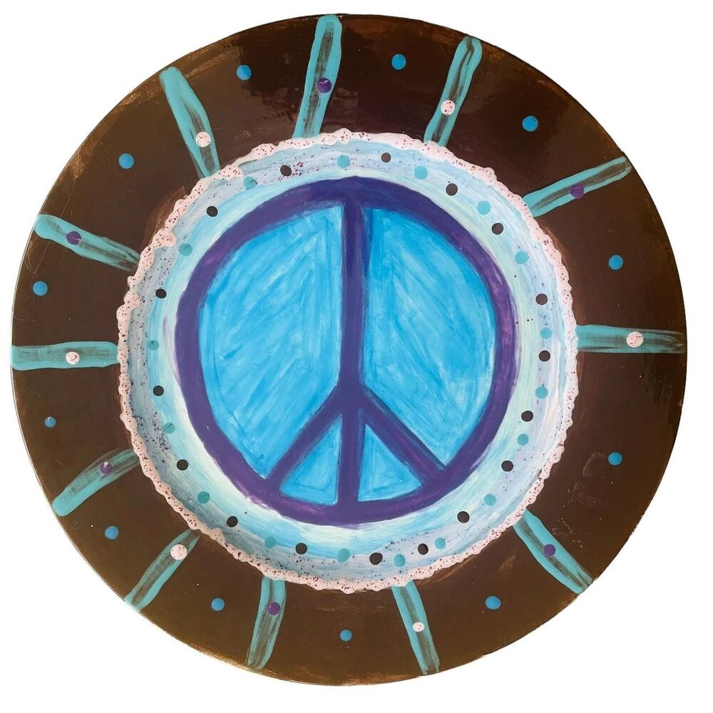 Peace Sign Plate 13.5” Glazed Hand painted Folk Art Midcentury Hippy Retro Decor